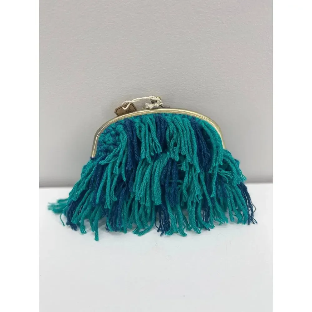 Natural Life Coin Purse Blue Green Crochet Yarn Fringe Pouch Kisslock Artsy Boho